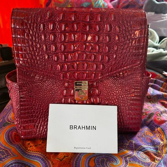Brahmin Deep Burgundy Croc-Embossed Leather Backpack Brahmin Crocodile embossed shoulder women bag Deep burgundy  main image 2